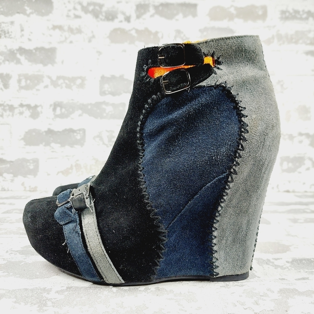 Restricted Blue & Black High Heel Patchwork Wedge Buckle Booties C623
